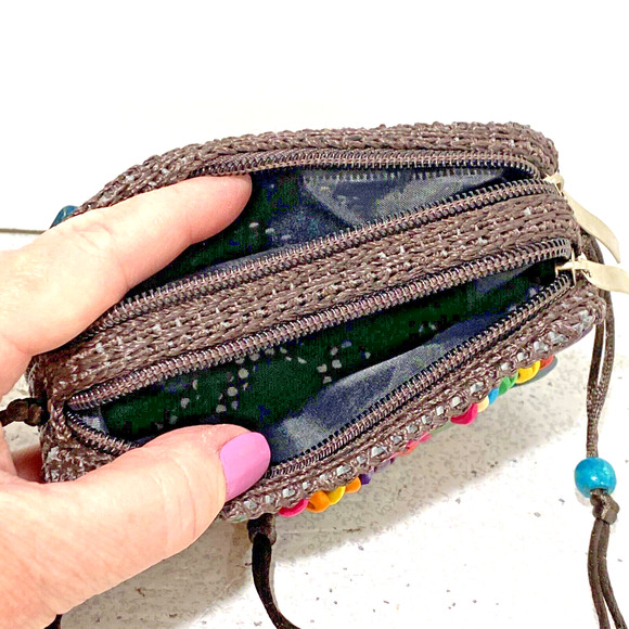 Boho Tribal Beaded Crossbody Bag Mini Purse Wallet Double Zippers Colorful Beads - Picture 8 of 9